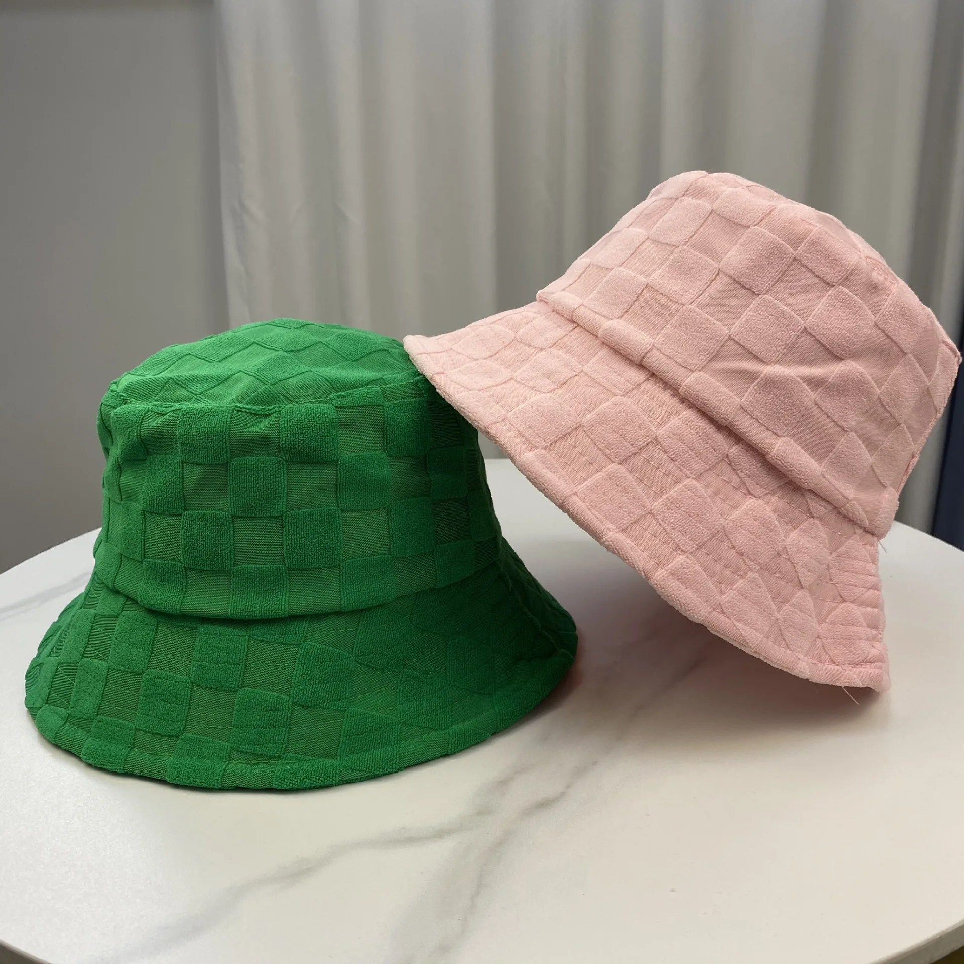 New Design Quality Checkered Bucket Hat Plain Terry Towelling Women Men Candy Colors Panama Casual Fisherman Hats Sun Cap Bob