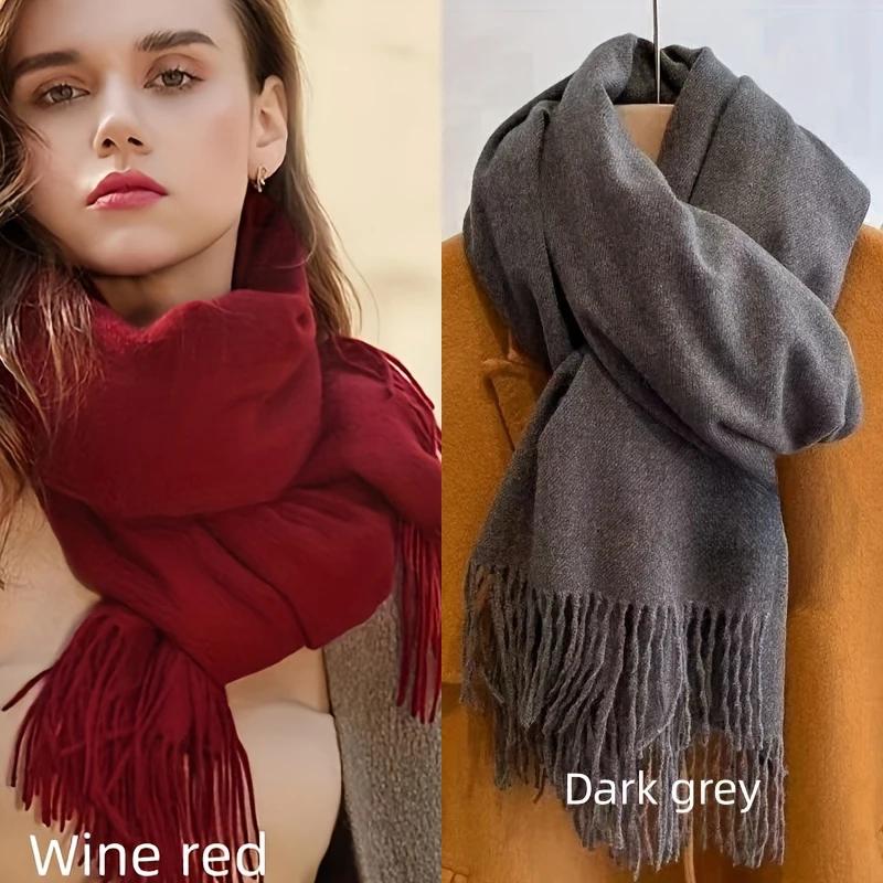 Winter Cashmere Solid Color Pashmina Tassel Scarf Cold Weather Scarves Wraps Women Girls Her Thicken Warm Shawl Wrap