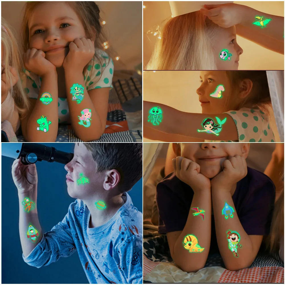 5pcs Luminous Tattoo Child Cute Tattoo Sticker Unicorn Mermaid Dinosaur Tattoo  Face Temporary Color  Body Tattoo for Kids