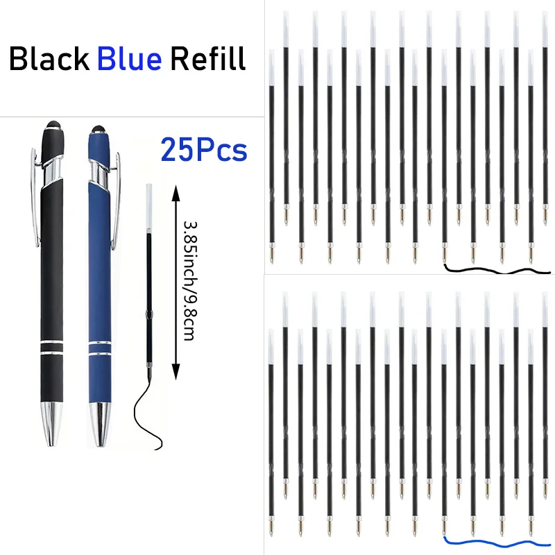 25Pcs 98MM Black/blue Refills 2 in 1 Retractable Ballpoint Pen Refill 3.85inch/9.8cm Pen Refills Touch Screen Stylus Pen Refills
