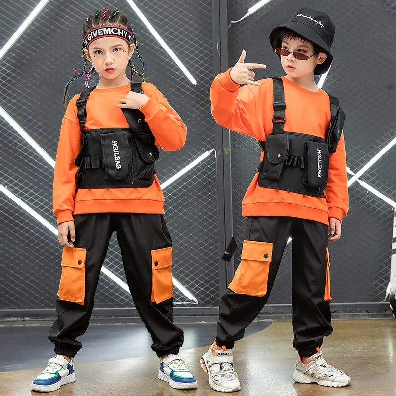 Mädchen Junge Jazz Tanz Kostüme Kleidung Straße tragen Kinder Wettbewerbe Hip Hop Kleidung Sweatshirt Top Cargo Hosen Weste Tasche