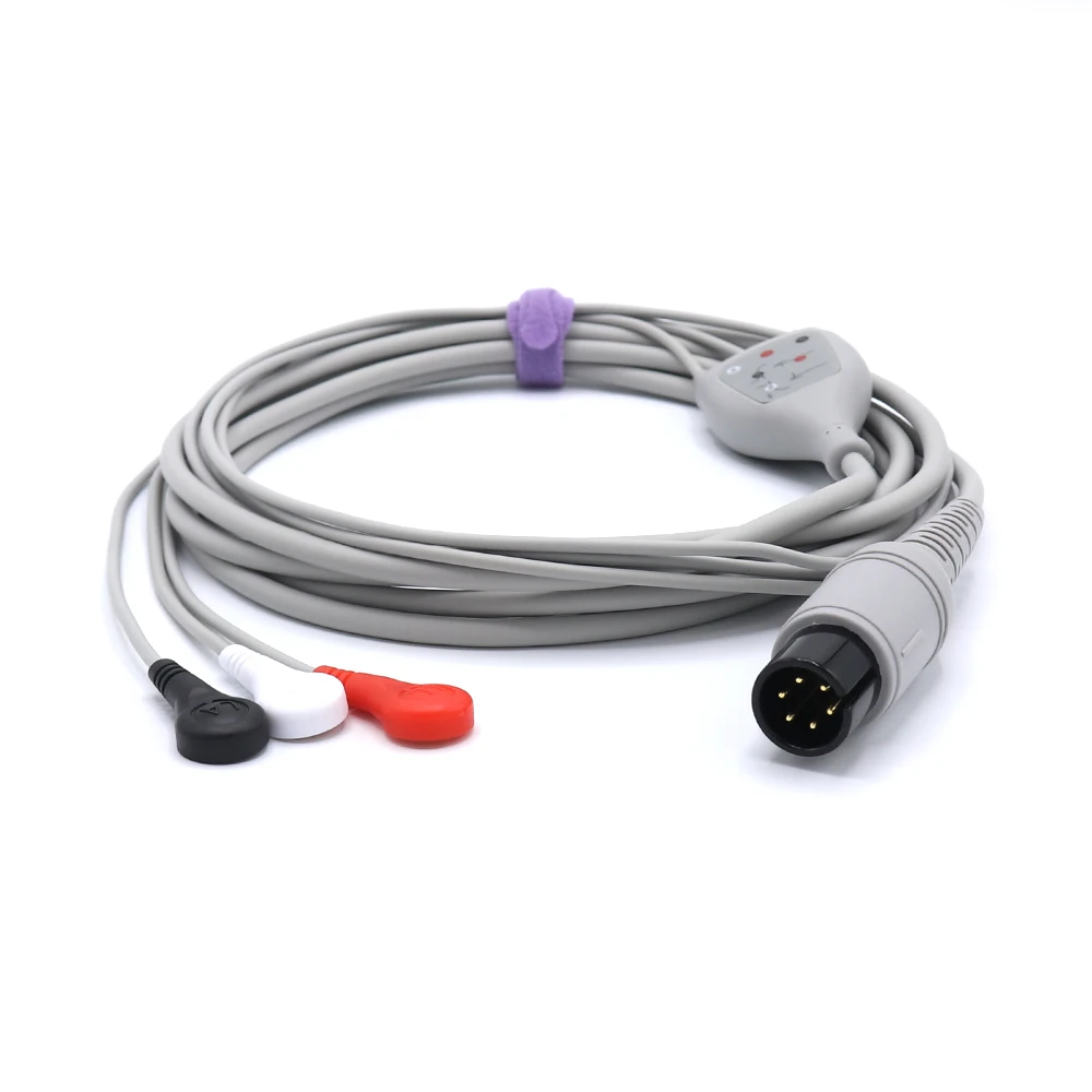 Compatible Mindrays Integrated Fixed ECG ECG Cable AAMI MEC 1000 MEC 1200 6pin Snap  3 Lead AHA IEC