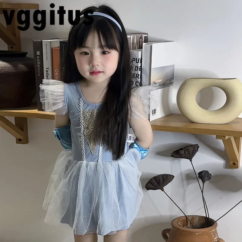 Korean Style Summer Little Girl's Skirt Style Bathing Suit Baby Blue Mesh Flare Sleeve Princess Swimsuit Children Swimwear H2413