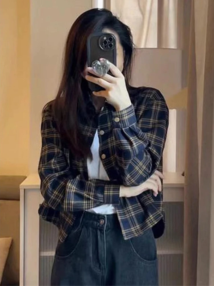 

Женская тонкая куртка-жакет в клетку для защиты от солнца, длинный рукав, весна-осень, новая, стильная, повседневная, из смесового хлопка и полиэстера