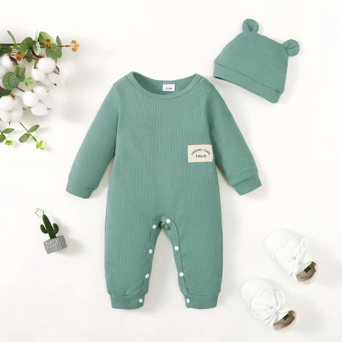 Winter  0-1  Years  Old   Infant  Baby  Boys  Long  Sleeved  Waffle  Fabric  Jumpsuit  With  Hat