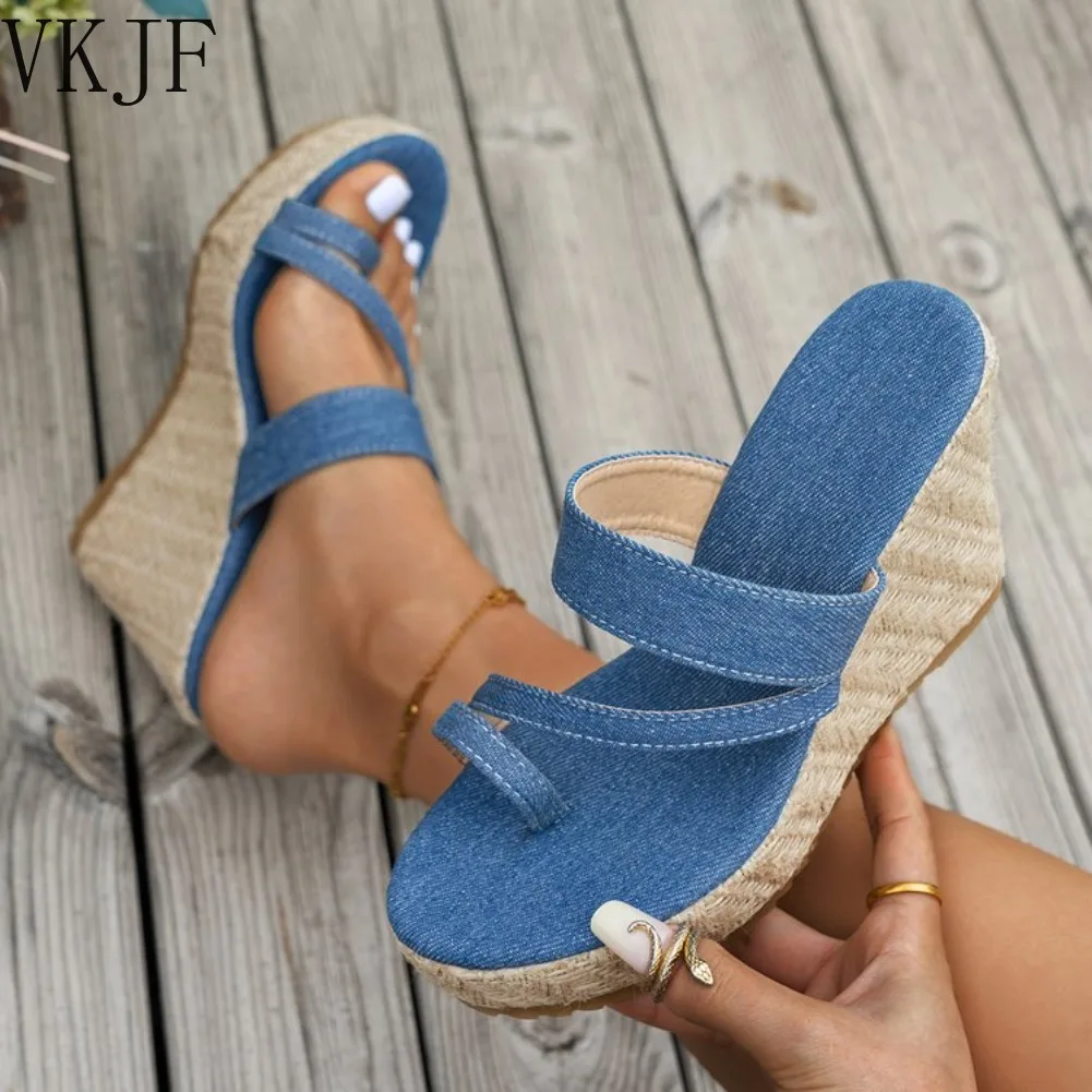 2026 New Denim Slip-On Wedge Heel Sandals Women Thick Bottom Grass Woven One-Strap Fashionable Outdoor Sandals Casual Round