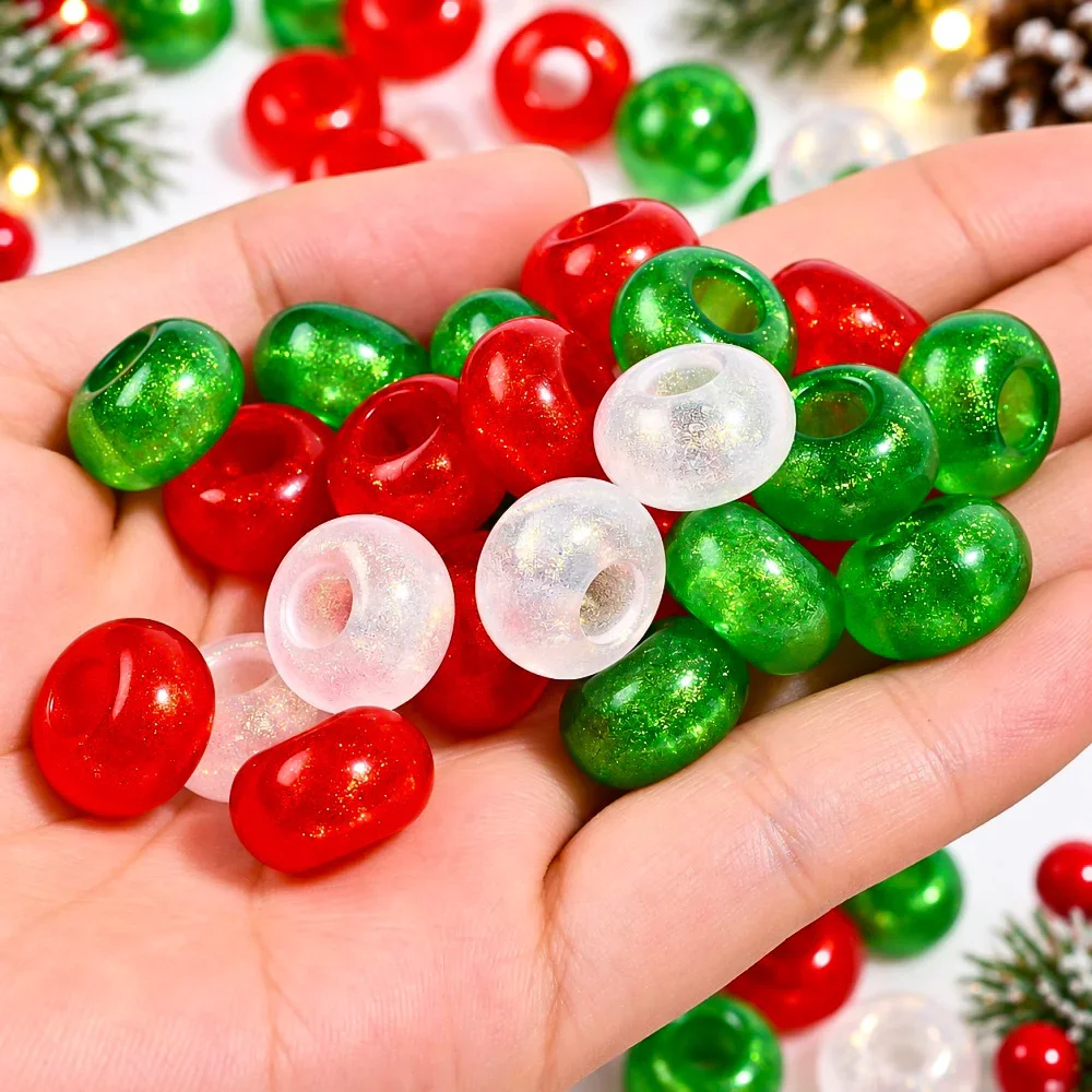 iYOE 10/20/50pcs 8x14mm Christmas Glitter Acrylic Rondelle Beads Red Green White Large Hole Bead for DIY Jewelry Making Necklace