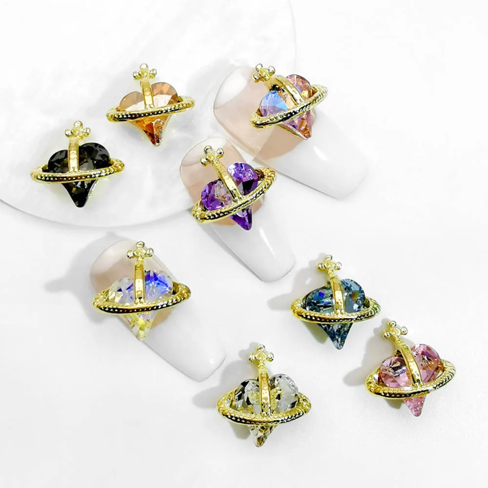 10Pcs 3D Alloy Crooked Heart Saturn Planet Nail Art Charms Gold/Silver Accessories Large Crystal Cross 13/18mm Shiny Nail Parts