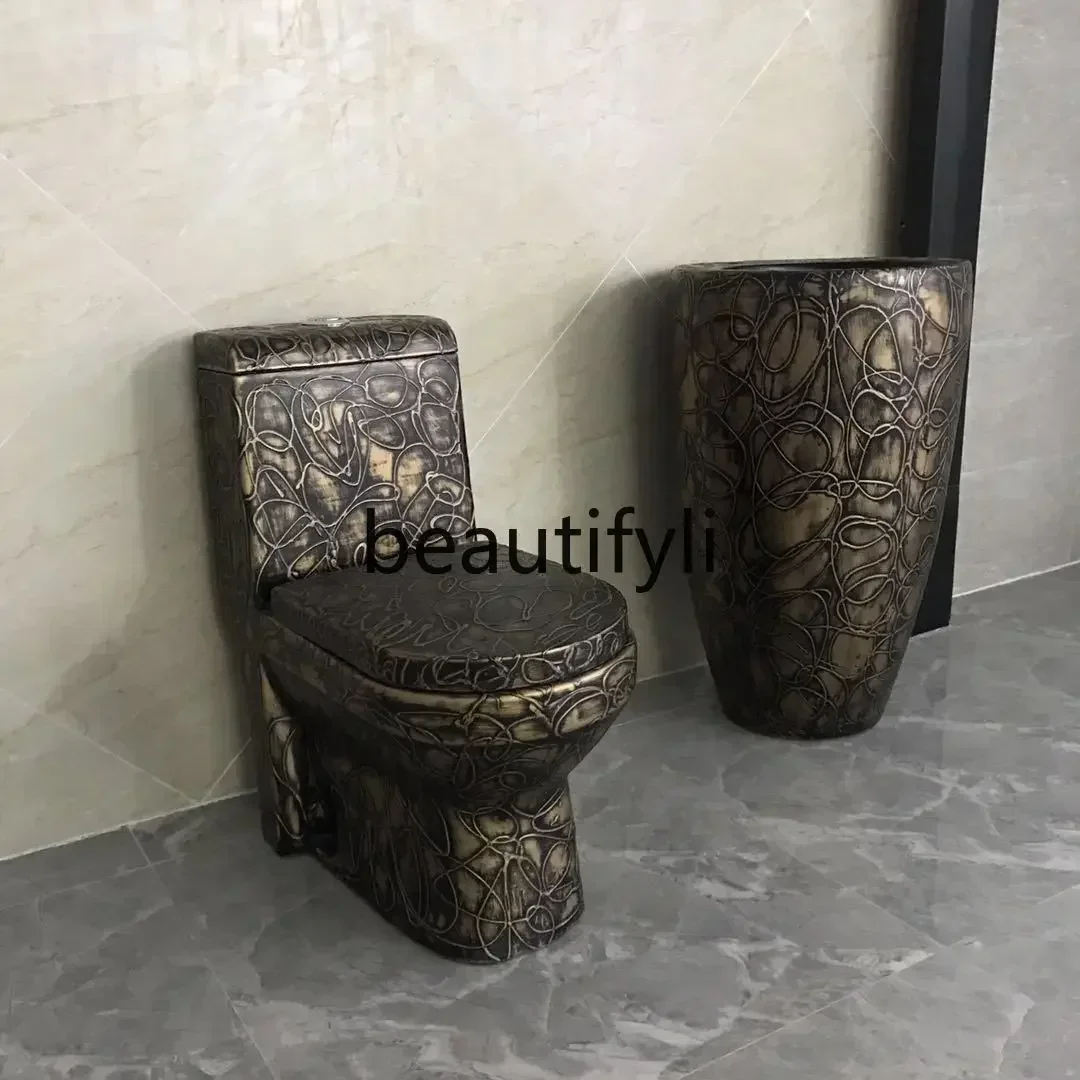 

XZBoutique high-end wood grain toilet, siphon type one-piece antique toilet, ceramic, marble pattern