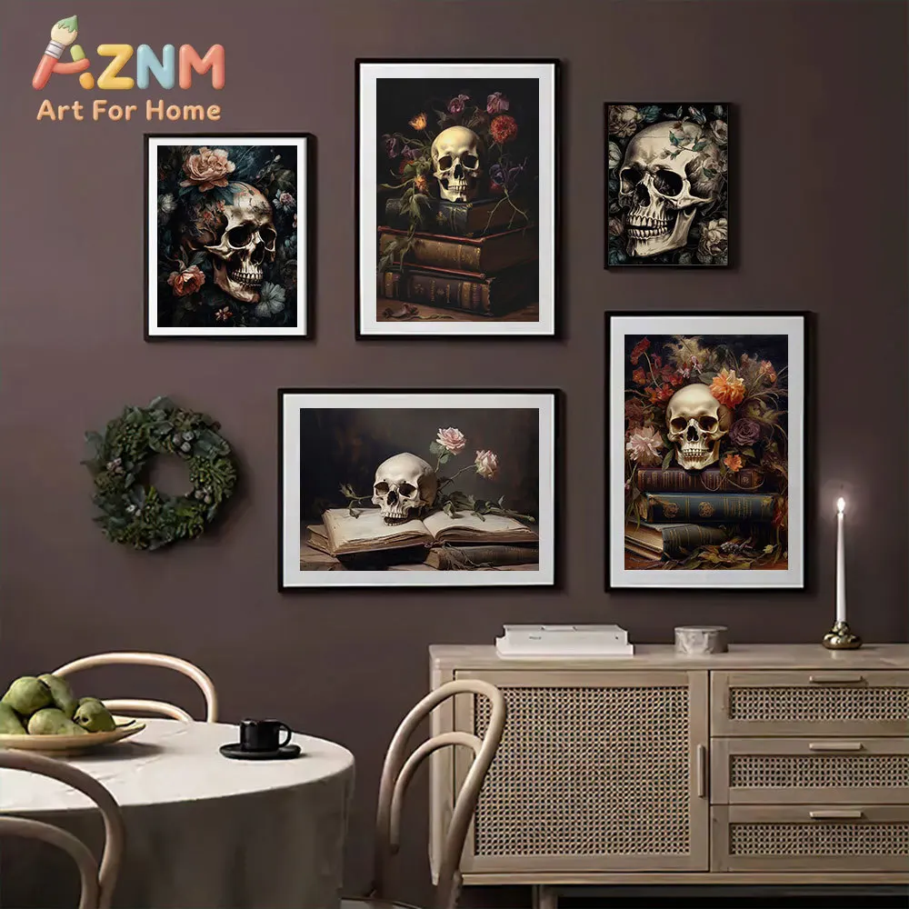 AZNM Dark Gothic Skull Flower Canvas Wall Art Vintage Book Rose Skeleton Dark Aesthetic Picture Unframed Canvas Home Decor Paint