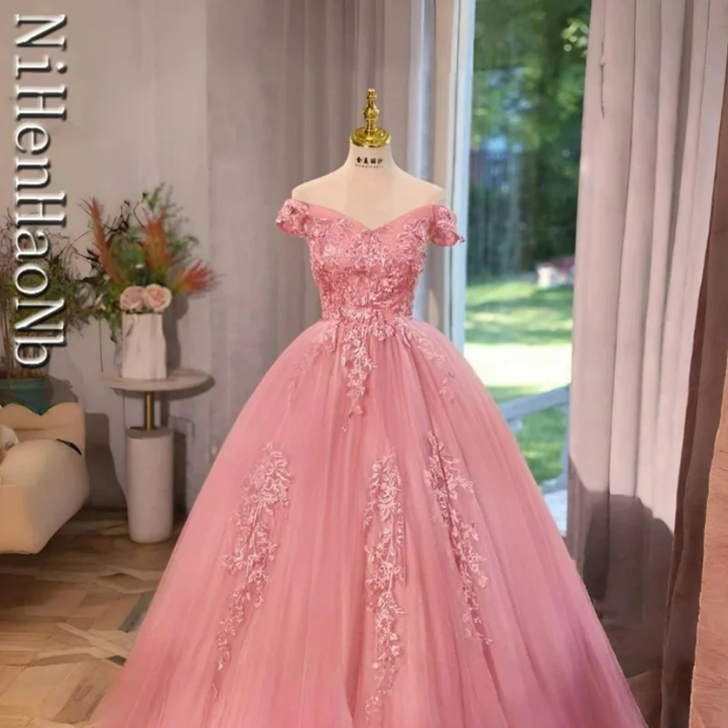 Summer New Pink Quinceanera Dresses Sweet Flower Party Dress Lace Ball Gown Luxury Classic Boho Vestidos For Girls