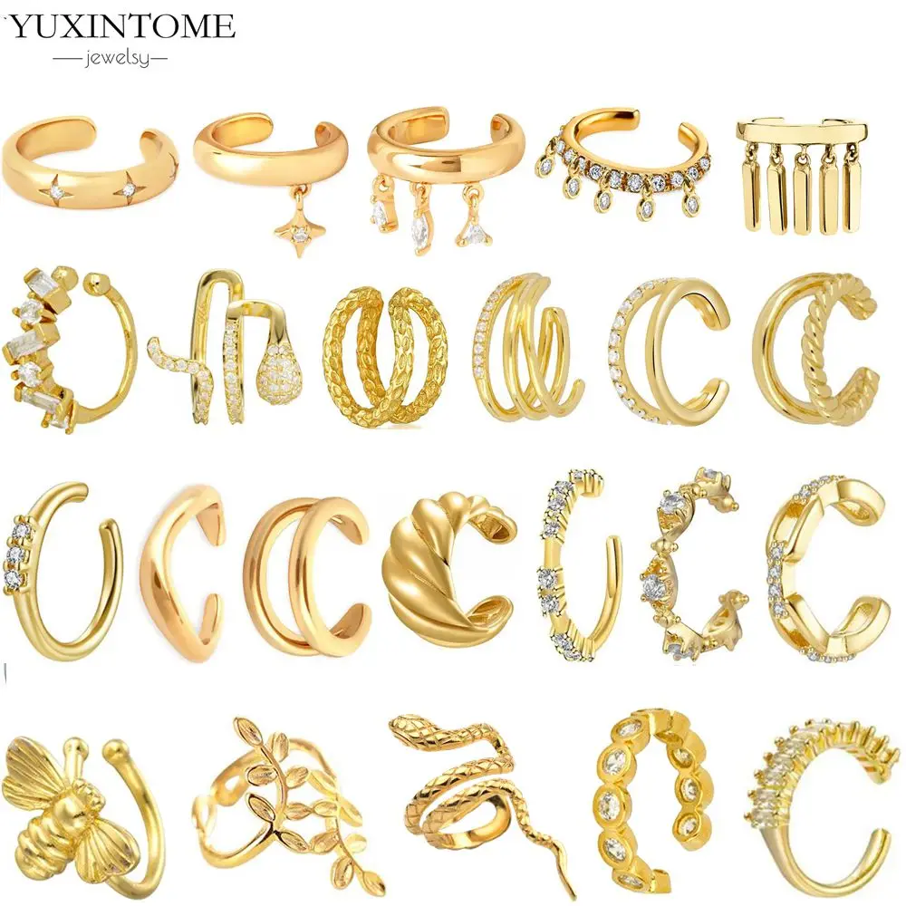 1PC 24k Gold Plating Metal Punk Ear Cuff Clip Earrings Europe and America No Piercing Retro Ear Cuff C-Shape Crystal Earrings