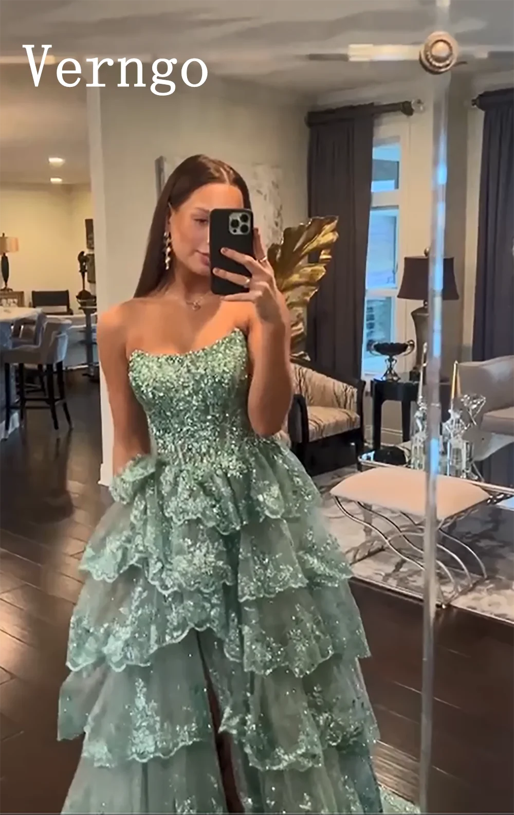 Verngo Green Sequined A Line Prom Dress Sweetheart Tiered 2024 Birthday Luxury Dress Shiny A Line Party Dress Women Customized