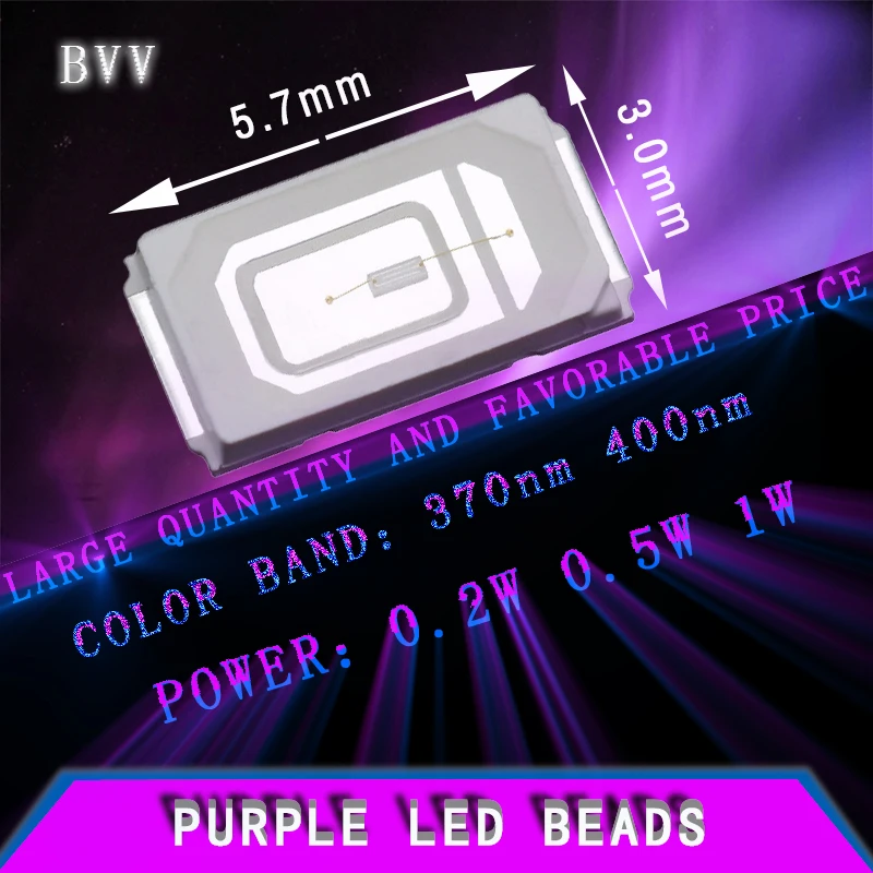 

5730 purple light SMD LED beads, band: 370nm/400nm, power: 0.5W, voltage: 3.0-3.2V, current: 150mA,Multipurpose LED beads