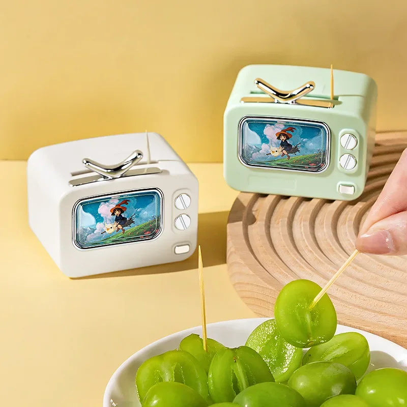 TV-shaped Automatic Pop-up Toothpick Dispenser Retro Toothpick Holder Portable Plastic Toothpick Container Tabletop Decor
