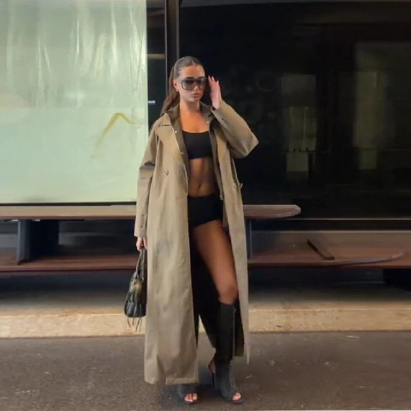 Trench coat longo de grandes dimensões feminino cinto ajustável elegante casaco commuter roupas femininas 2025 novas roupas de moda feminina