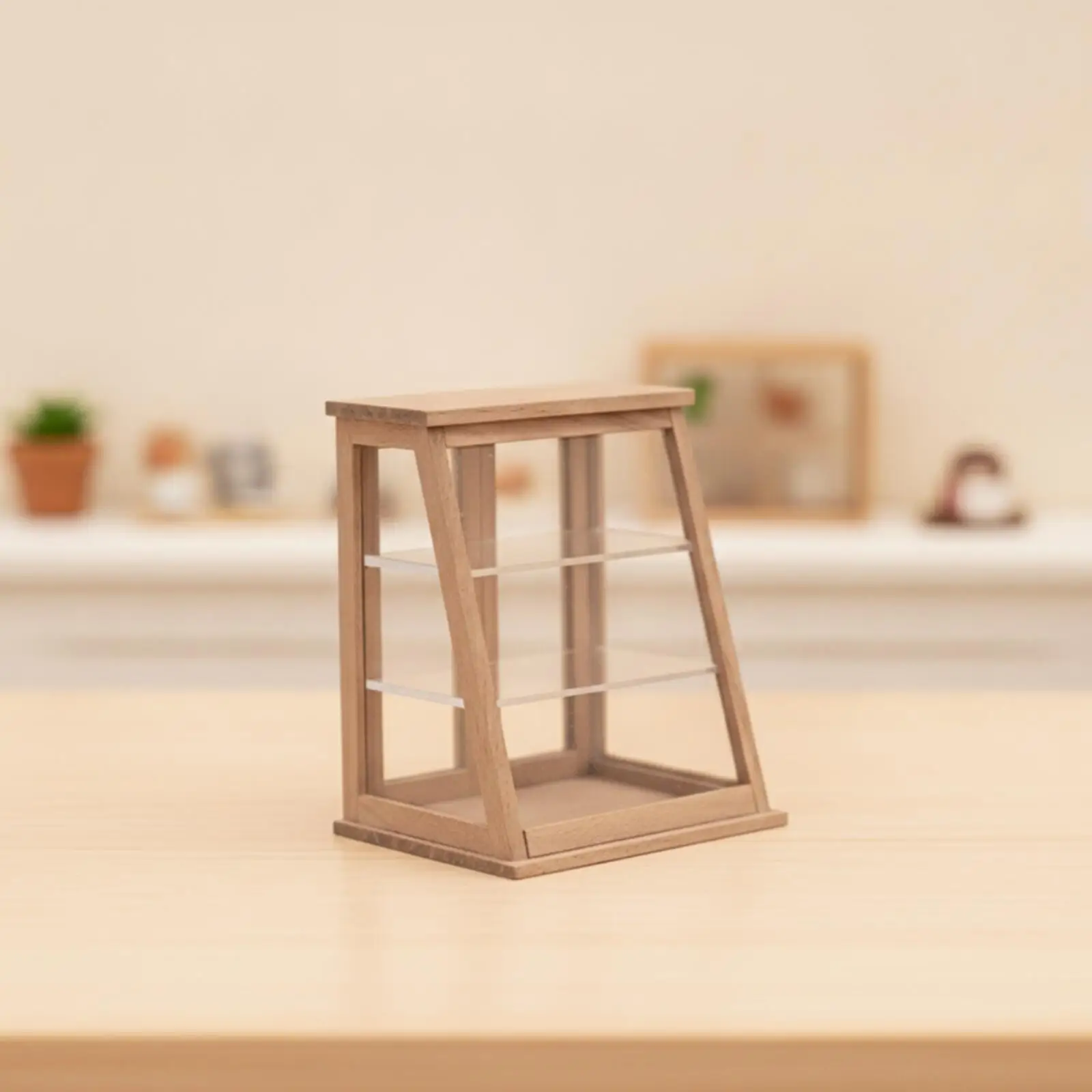 Three Level Miniature Cabinet for Collectibles Solid Wood Transparent Front and Side for Dollhouse Shop