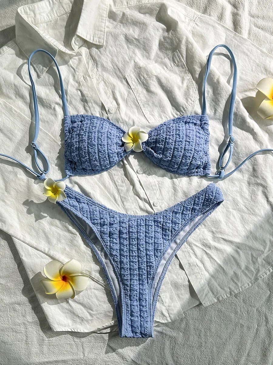 Damski strój kąpielowy bikini 3D z kwiatowym wzorem, marszczony, dwuczęściowy, brazylijski kostium kąpielowy, strój plażowy.