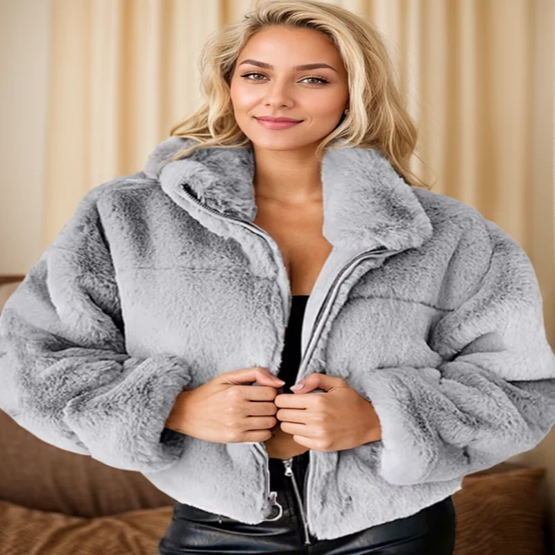 Women\'s Faux Fur Coats Elegant Solid Color Comfor Turn Down Collar Zipper Long Sleeve Jacket Fashion Plush Short Coats Female