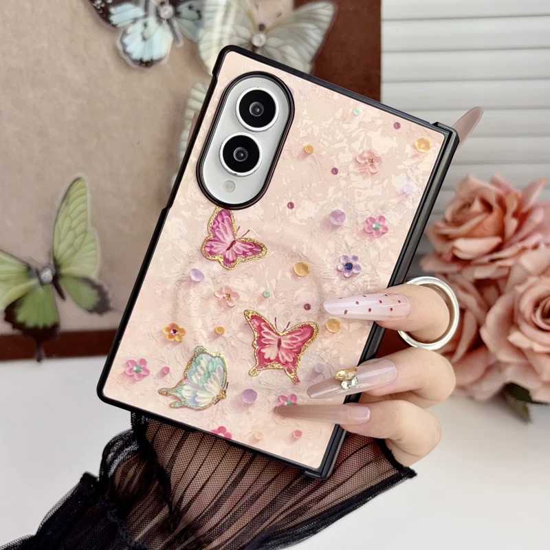 3D Butterfly Magnetic Case for Samsung Galaxy Z Fold 8 Textured Floral Ring Stand Bumper Wireless Charging Foldable Cover