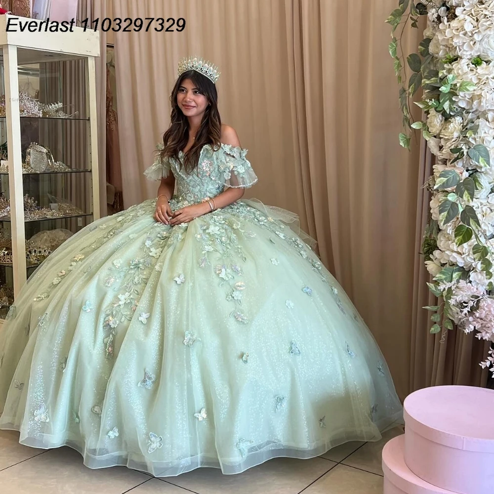 EVLAST Glitter Sage Green Quinceanera Dress Ball Gown Butterfly Applique Beading Bow Corset Sweet 16 Vestido De 15 Anos TQD967