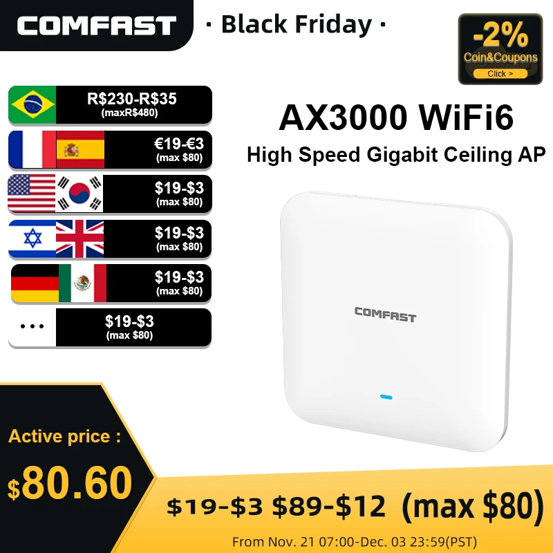 WiFi6 Ceiling AP 3000M Gigabit POE RJ45 Wireless Indoor Access Point 2.4 5.8Ghz Wall Mounted WiFi Repeater Cover Roaming