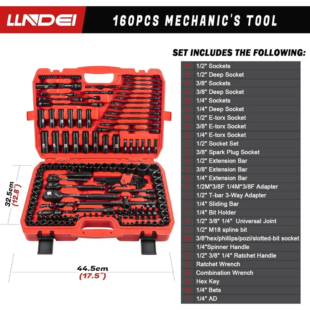 Set di attrezzi meccanici da 160 pezzi, set di bussole metriche Kit di attrezzi professionali con azionamento da 1/2 1/4 3/8 pollici, kit profondo e poco profondo CR-V con rapido