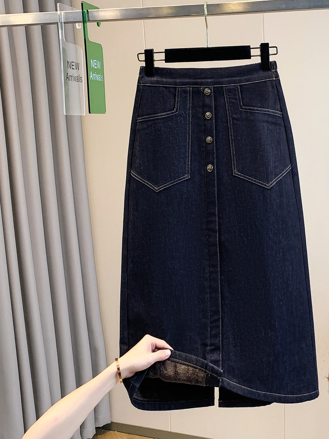 

Thiened Fce зимняя джинсовая юбка трапециевидной формы с разрезом, женская удобная теплая юбка со средней талией для повседневной носки