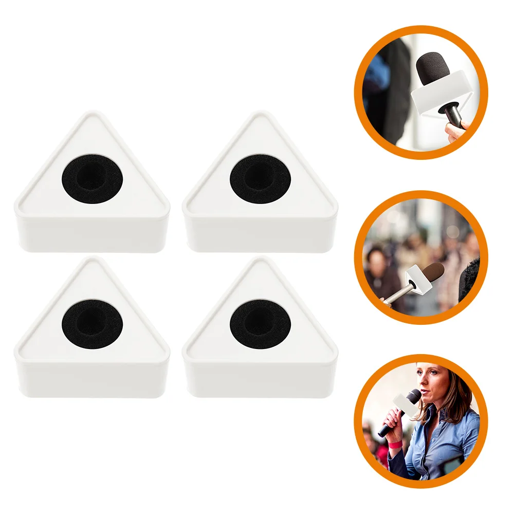 

4pcs White ABS PVC Microphone Logo Stations Triangular Flag Cube Interview Mic Holder Practical Solution Large