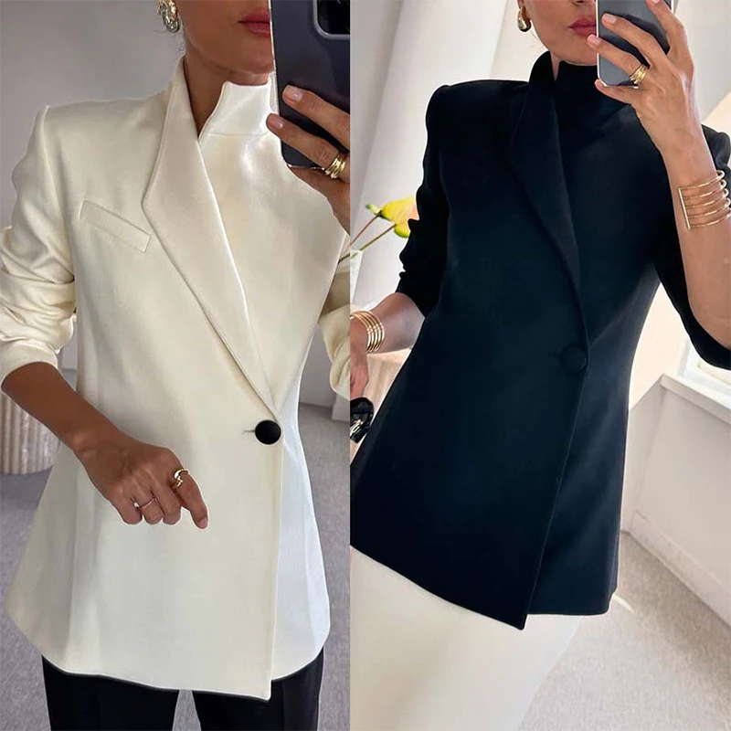 New Fashion One Button Formal Jacket Autumn Winter New Long Sleeve Women's Commuting Blazers Chic Stand Collar Solid Satin Coat