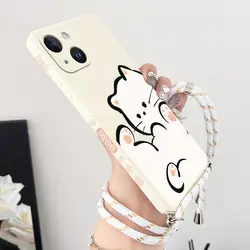White Cloud Cat Crossbody Lanyard Silicone Phone Case For iPhone 15 14 13 12 11 Pro Max 14 15 Plus Mini X XR XS 8 7 6 6S Cover