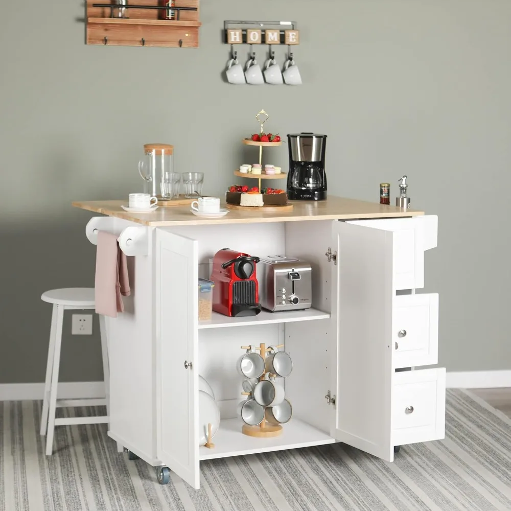 Kitchen Island on Wheels, Portable Rolling Kitchen Cart Storage Cabinet with Drop Leaf, Towel Rack & Drawers, Kitchens Islands