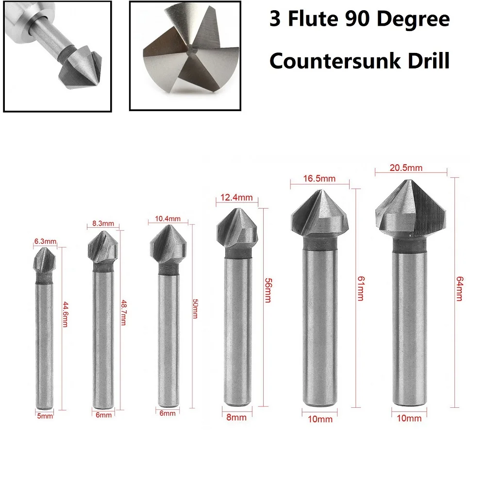 6pcs 3 Flute Countersink Drill Bit 90 Degree Chamfering Tools Chamfer Cutter Chamfering Cutter Wood Metal Hole Drilling Tools