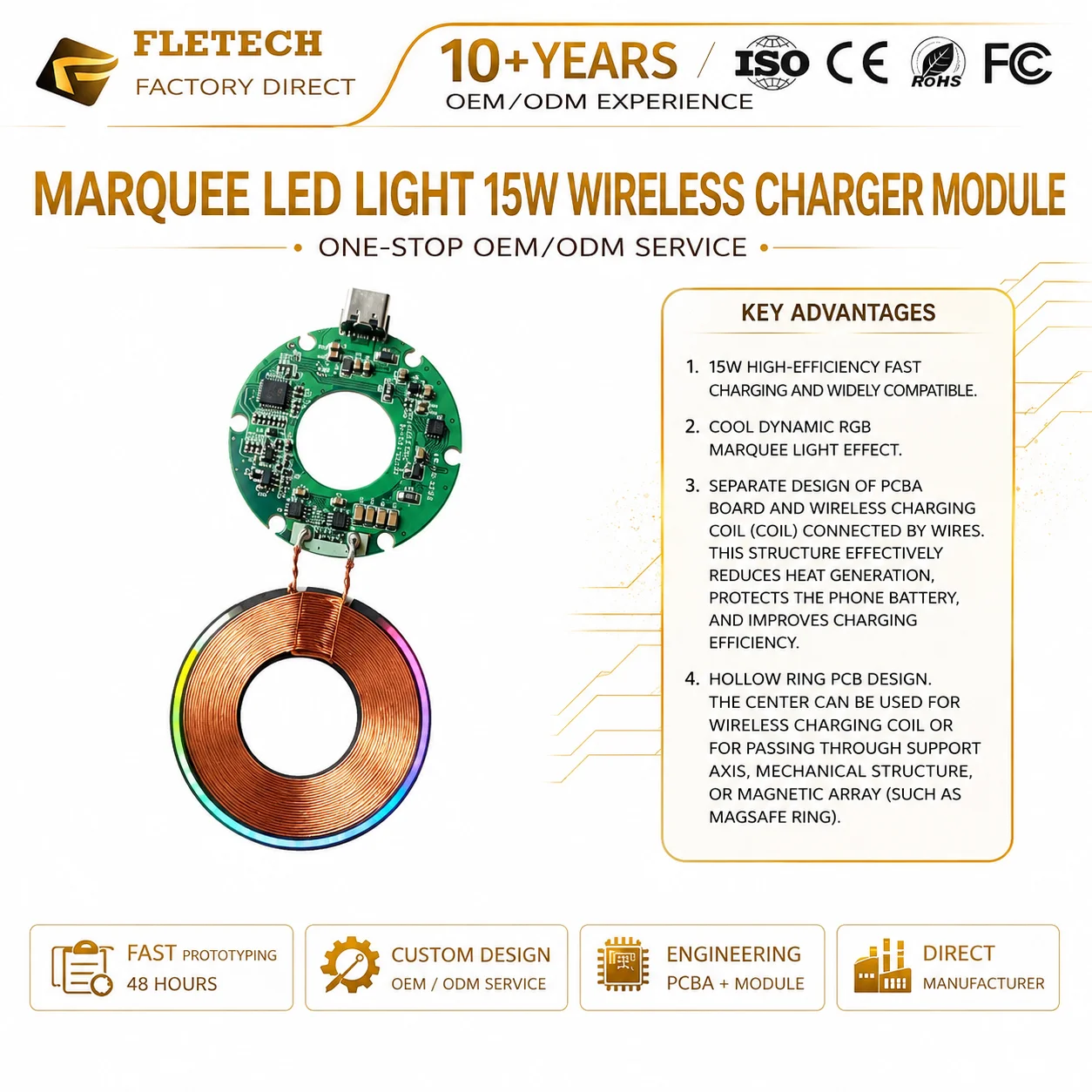 DIY Fast Wireless Charging PCBA Circle Flowing Marquee LED Module 15W Qi Wireless Charger Circuit Board for Mouse Pad Desk Lamp