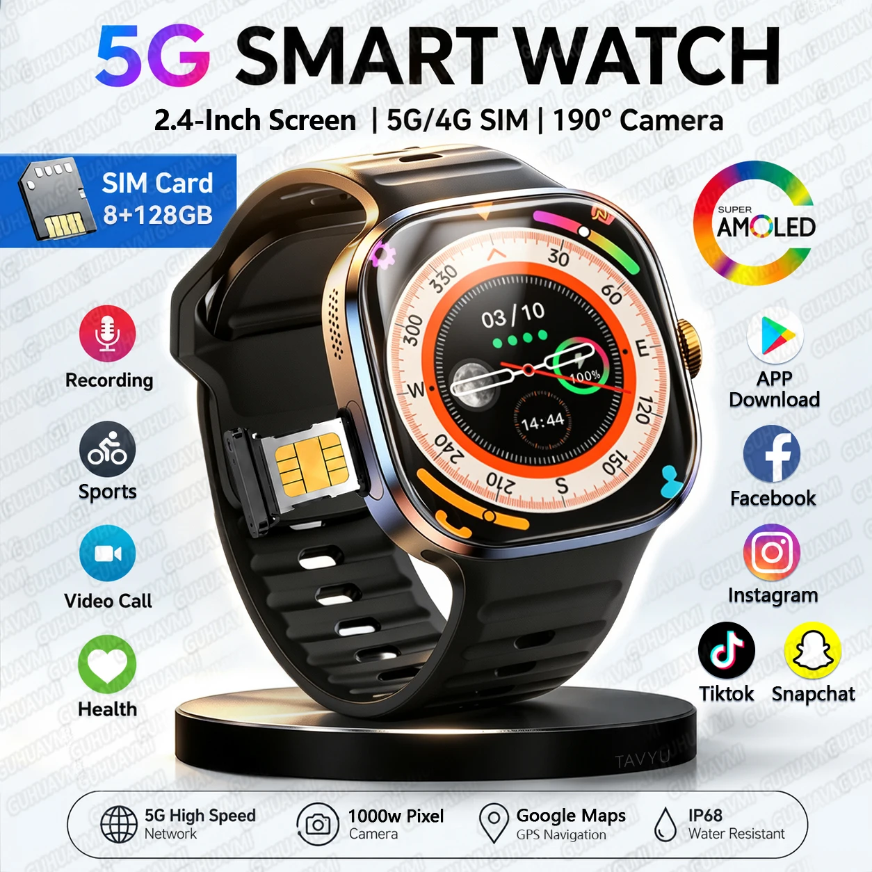 New 4G/5G Smart Watch 1000W Camera 128GB+8GB RAM 3D Map WiFi Password Unlock SIM Card Download APP Heart Rate Fitness Smartwatch