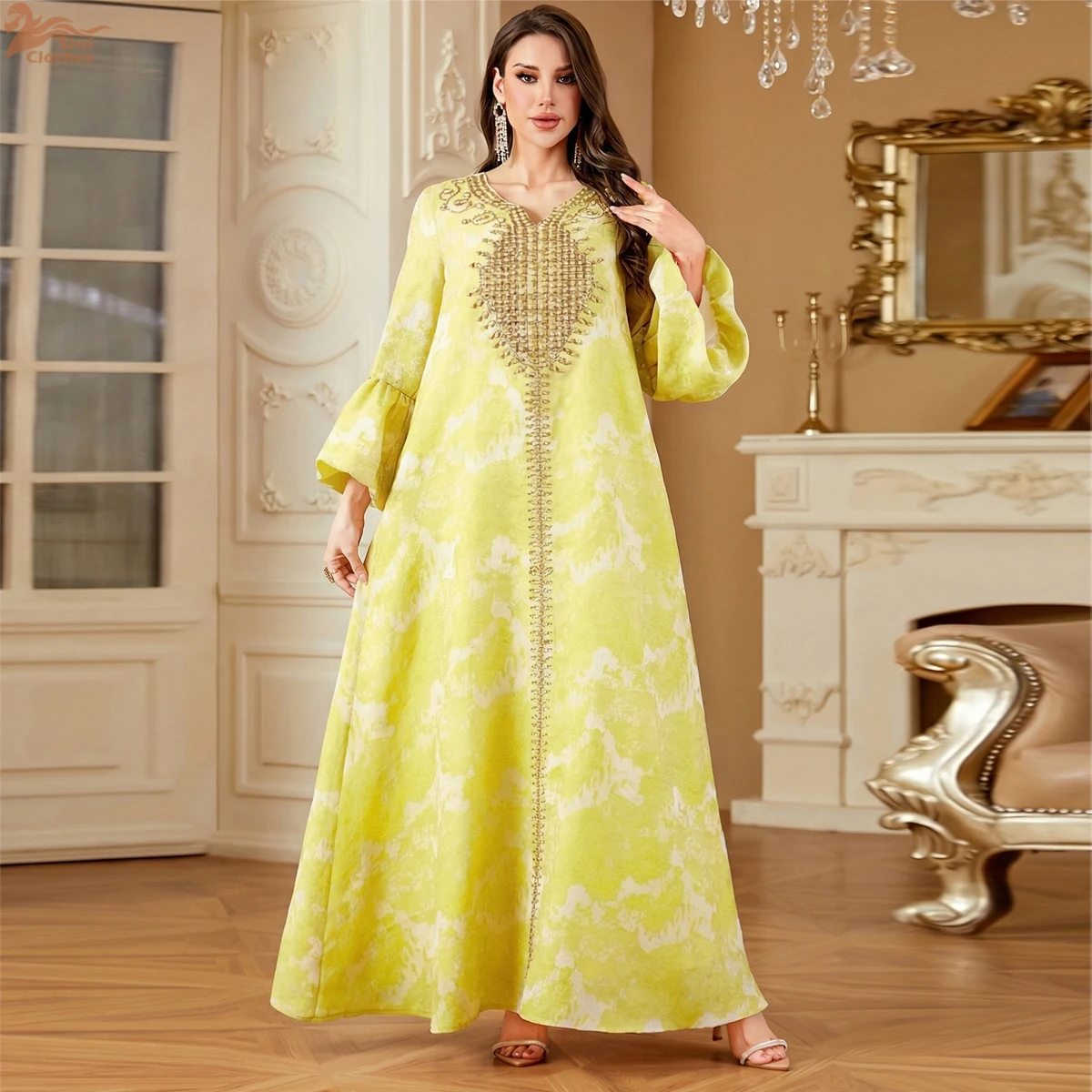 

Uni Dubai Роскошное женское платье с вышивкой бисером, мусульманское элегантное мусульманское платье с пышными рукавами и цветочным принтом, Абая кафтан Marocain Femme