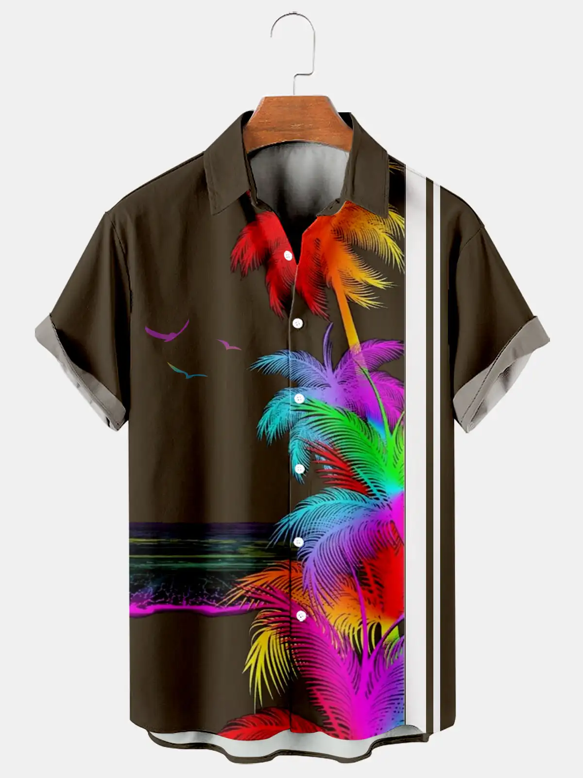 2024 New Men's Short Sleeve Shirt Coconut Stripe Print Hawaiian Lapel Men's Tops Large Size Comfortable Casual Men's Shirt