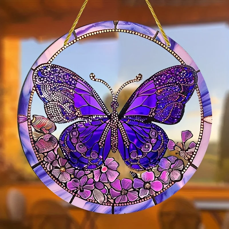 Purple Fantasy Butterfly,Sun Catcher,Stained Glass Appearance Sign,Round Wreath Sign,Window Hanging,Acrylic Wall Decoration