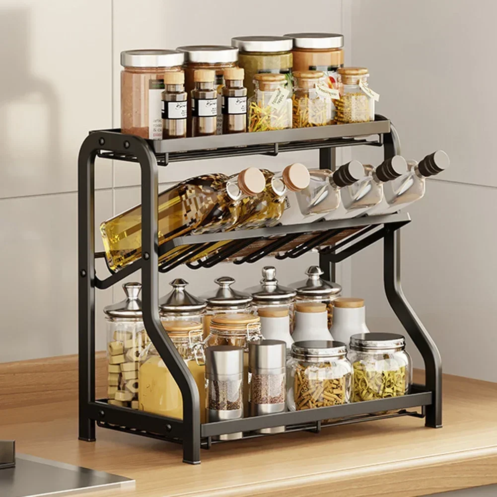 

3 Tier Kitchen Spice Jars Space Saving Organiser Spice Storage Shelf Metal Free Standing Waterproof for Oil Salt Sauce Vinegar