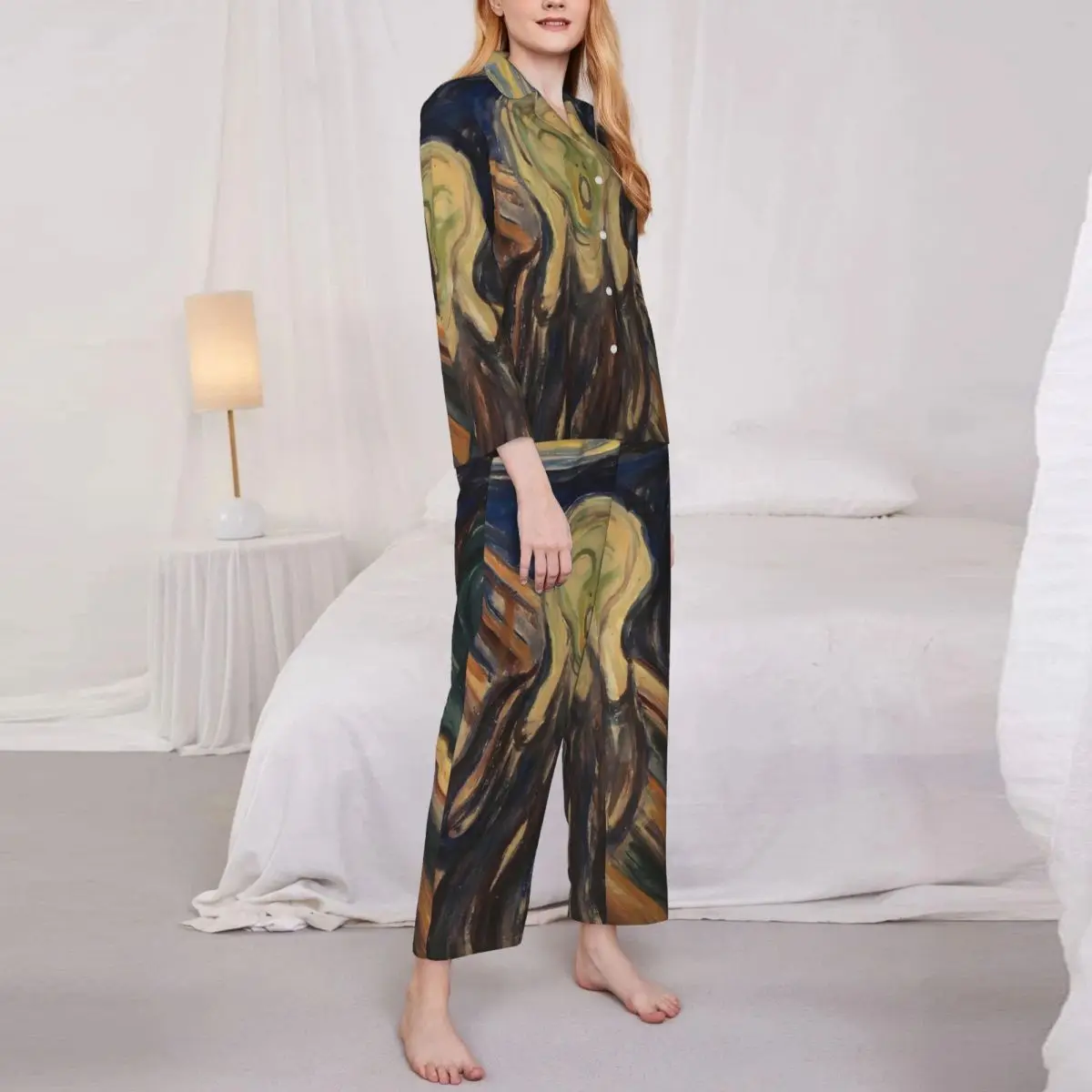 Pajamas Woman Van Gogh Bedroom Sleepwear XThe Scream Edvard Munch 2 Pieces Vintage Pajamas Set Long Sleeves Oversized Home Suit