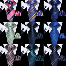 Hi-Tie Men 3PCS Pink Green Necktie Handkerchief Cufflinks for Tuxedo Accessory Classic Silk Luxury Gift Tie Striped Checks