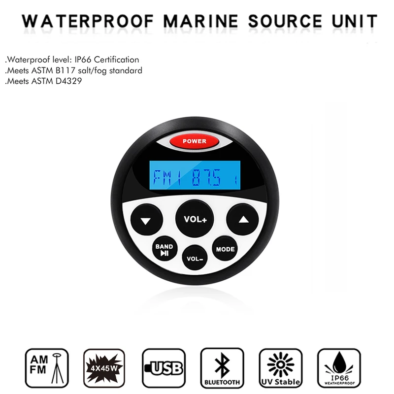 

Marine Radio Stereo Waterproof Bluetooth Audio Unit FM AM Receiver Auto Sound System MP3 Player For UTV Golf Cart Boat Motorcycl