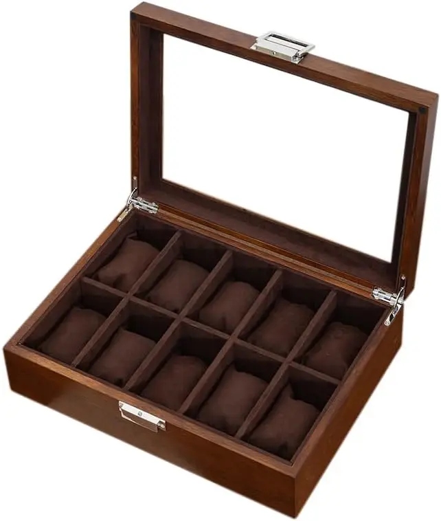 

Wooden Watch Display Box with Glass Lid, 10 Slots and Velvet Lining for Men Women