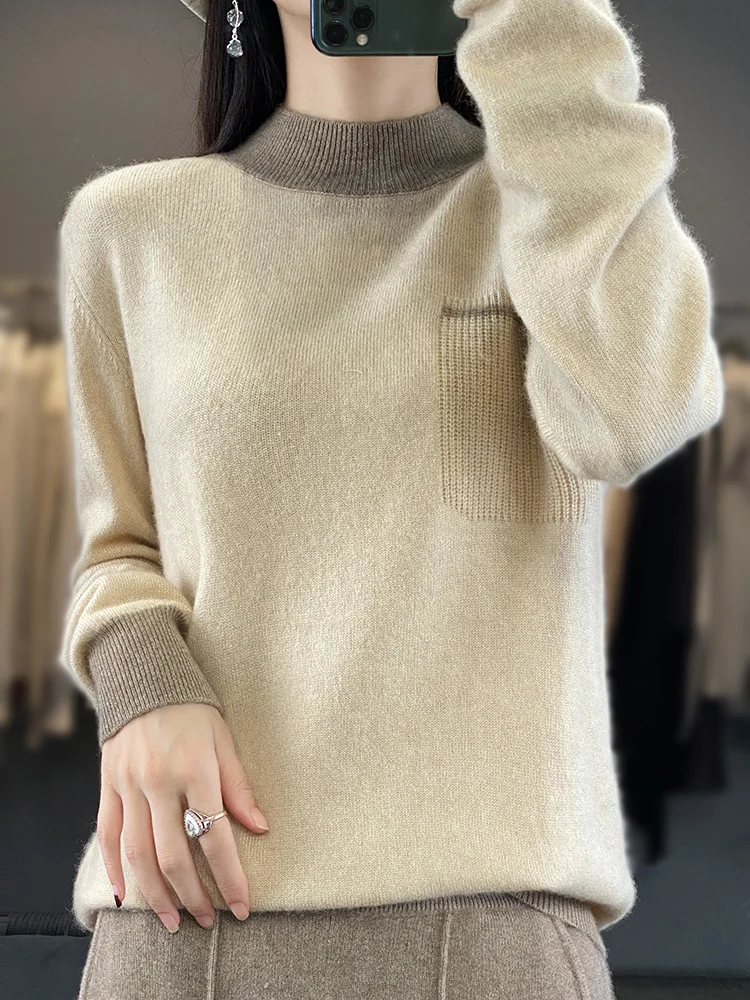 Sweater rajut wanita, atasan dasar lengan panjang blok setengah warna 100% Merino wol musim gugur musim dingin