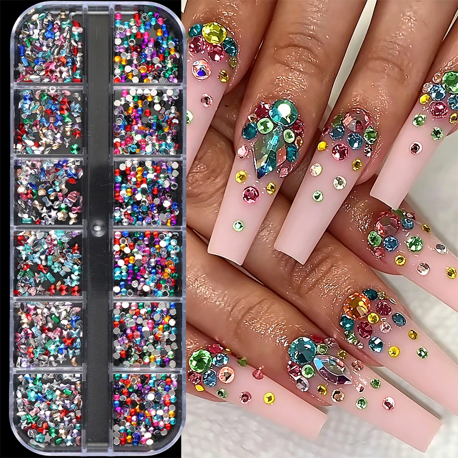 12 Grids Multi‑Color Flat Back Nail Rhinestones Crystal Gems Star Heart Butterfly Nail Charms Nail Art Decorations Accessories