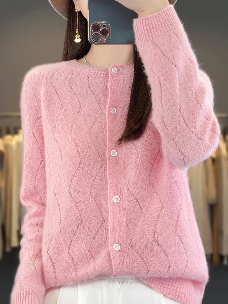 100% Merino Wool Knitwear O-neck Hollow Out Sweater For Women Cardigan Raglan Sleeve Spring Autumn Cashmere Popular Clothes Tops