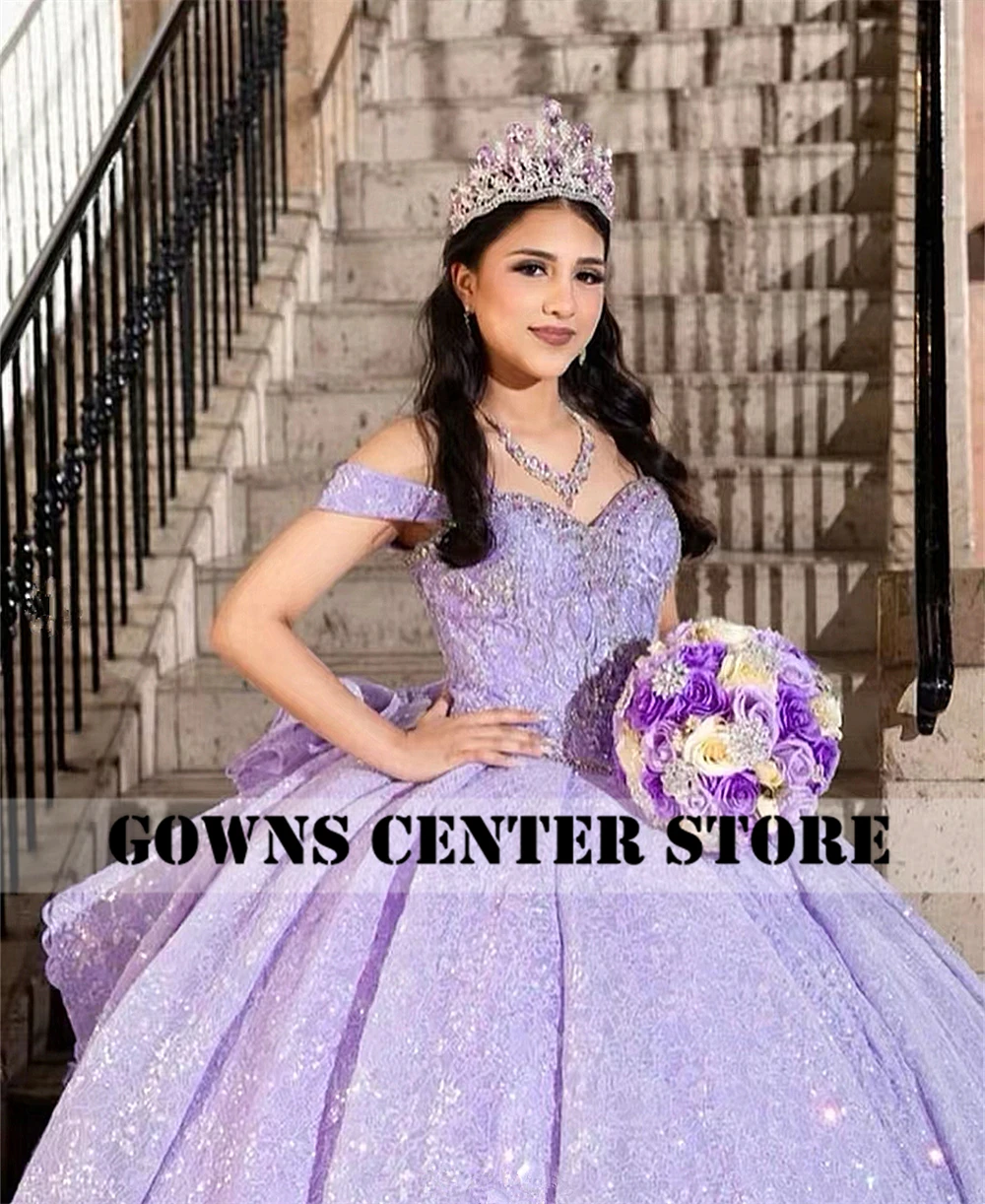 Vestido de baile Quinceanera com arco, Vestido de princesa com renda lavanda, Laço lavanda, ombro, doce, 15, 16