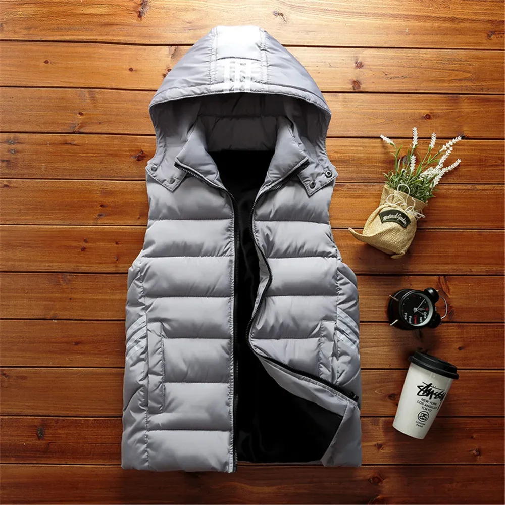 Winter Men Vest Simple Solid Thermal Sleeveless Jacket Hat Detachable Fashion Stripe Coats Windproof Thicken Unloading Waistcoat