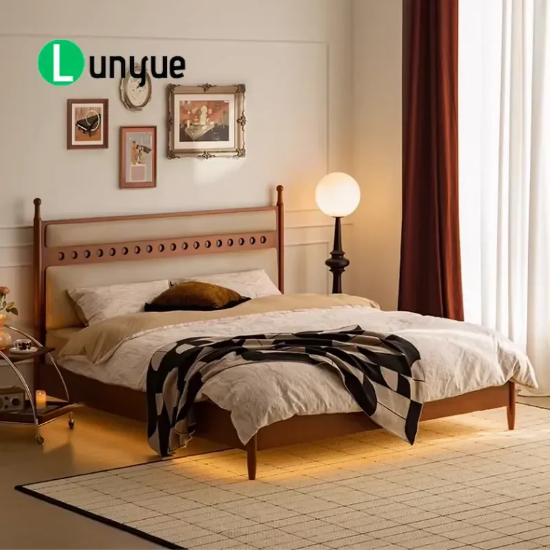Vintage American Queen Double Bed Upholstered Headboard Engineered Wood Eco-friendly Economical Bedroom Furniture