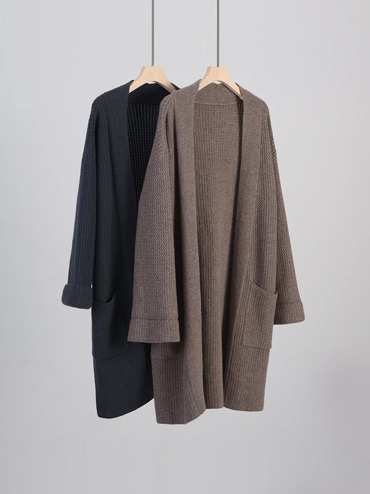 High Quality Women Cashmere Long Cardigan Autumn Winter Thick Casual Loose Style Sweater 100% Merino Wool Knitwear Korean Tops